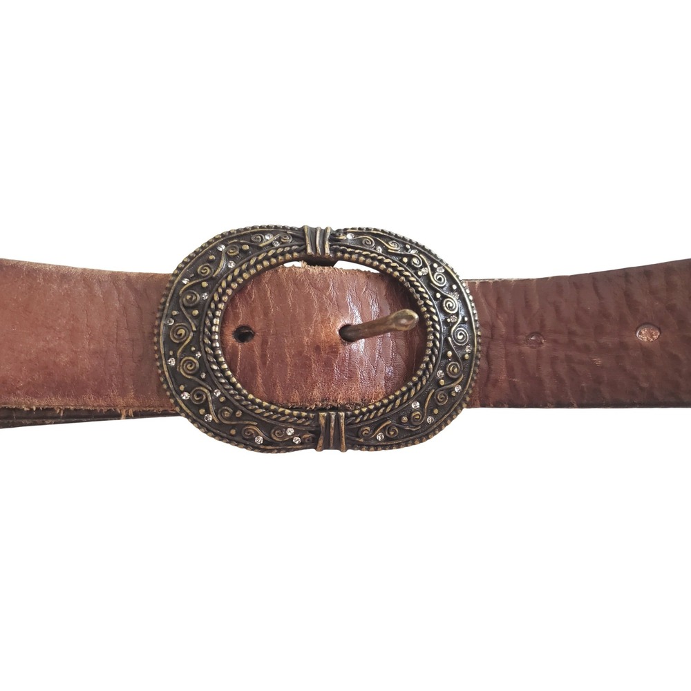 Fossil Womens Brown Pebbled Leather Western Filigree Buckle Belt‎ 38" Gold Tone